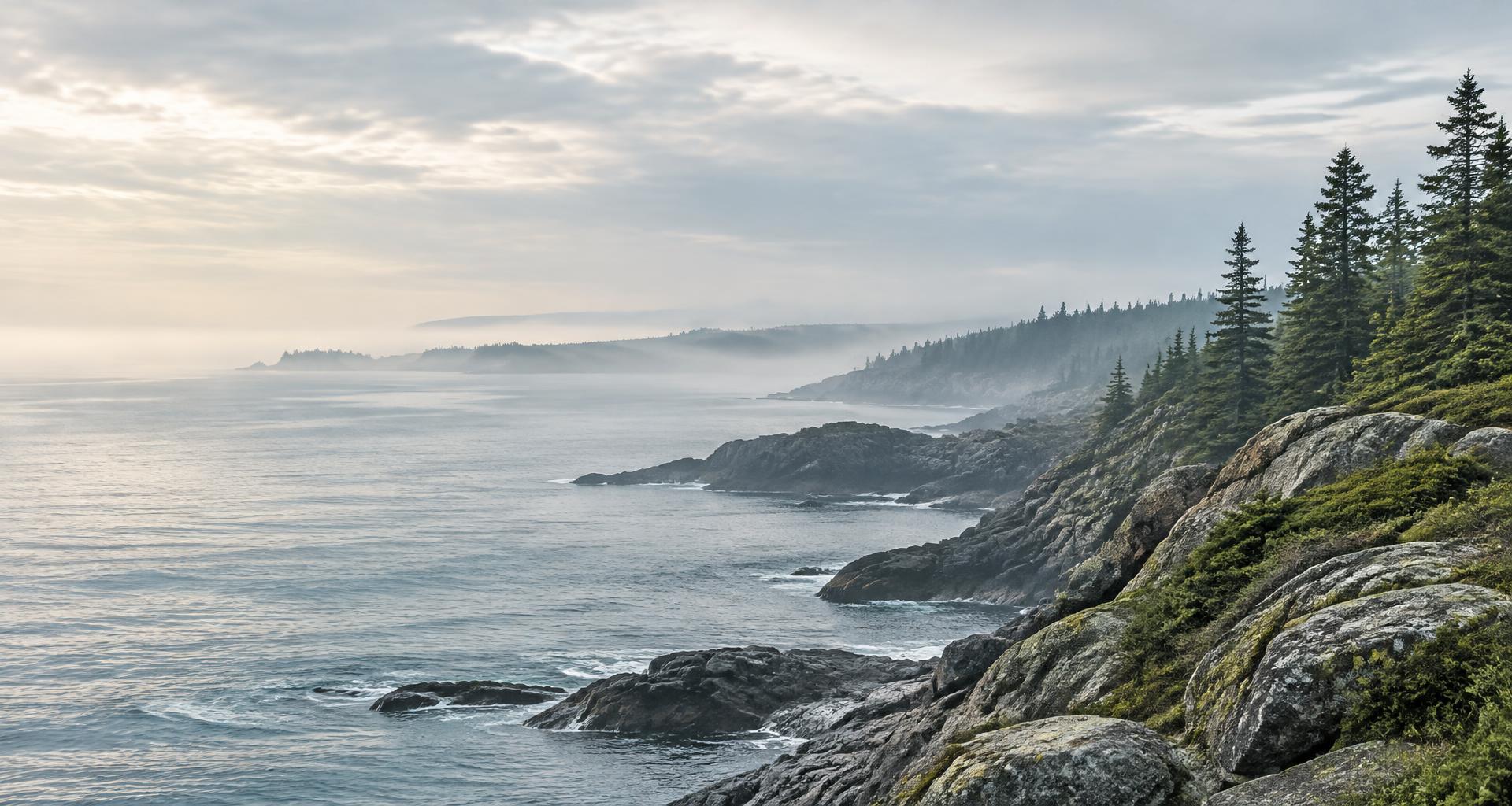 Evergreen trees along a peaceful, rocky Maine coastline